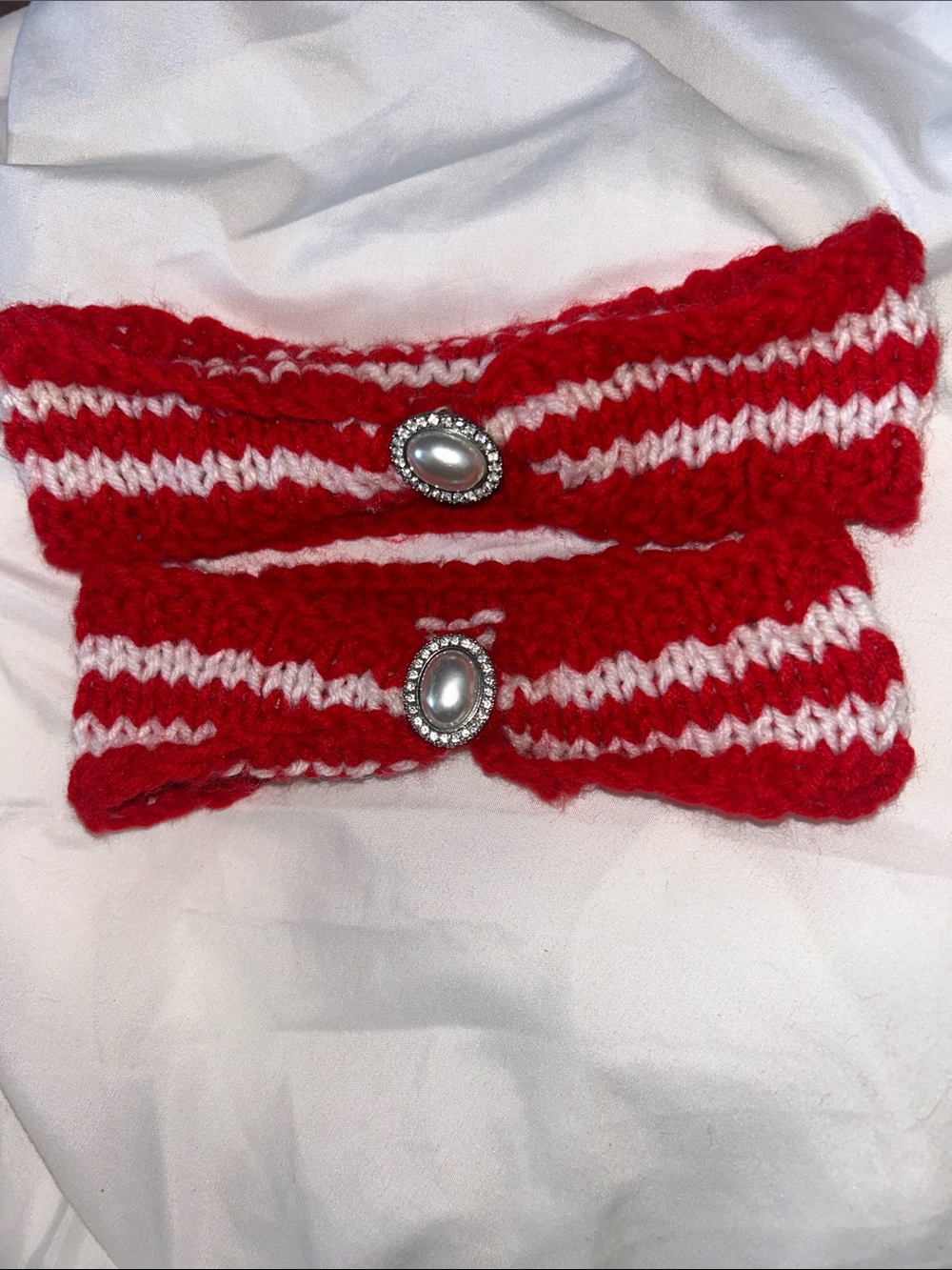 Handmade Red & White Striped Knit Ear Warmers with Decorative Buttons -2 piece